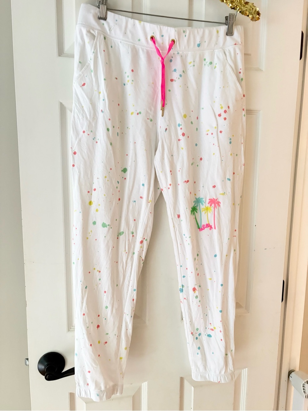 Lilly Pulitzer Women Mallie Neon Paint Splatter Knit Jogger Pants Resort White L - Picture 7 of 13